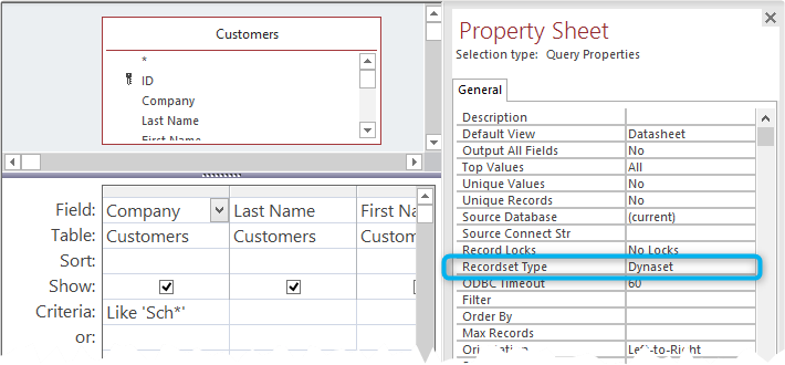 RecordsetType property in Access Query Design View