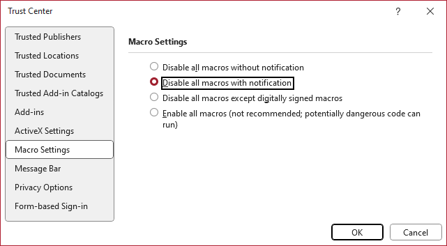 Screenshot of the Macro Settings tab in the Microsoft Office Trust Center