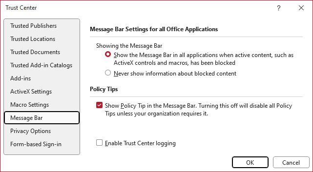 Screenshot of the Message Bar settings tab in the Microsoft Office Trust Center