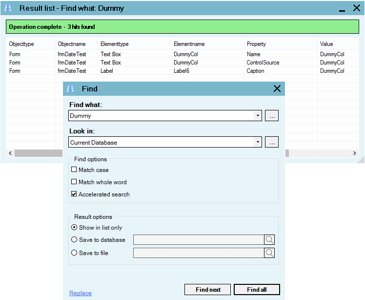 Screenshot von AccessDevTools Find and Replace