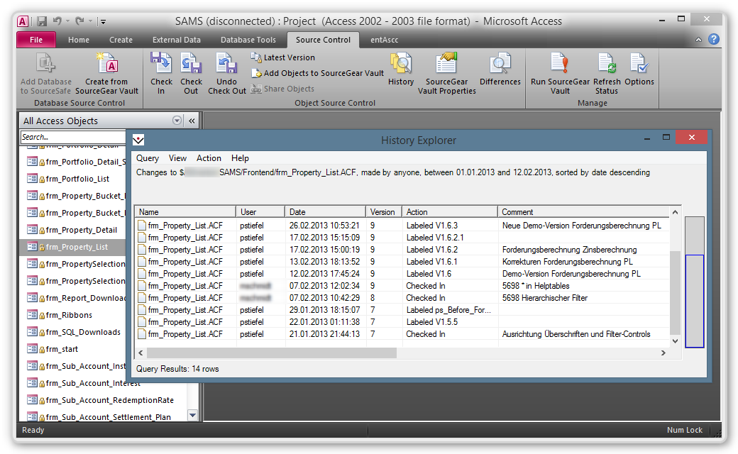 sourcegear Vault History Explorer in Access