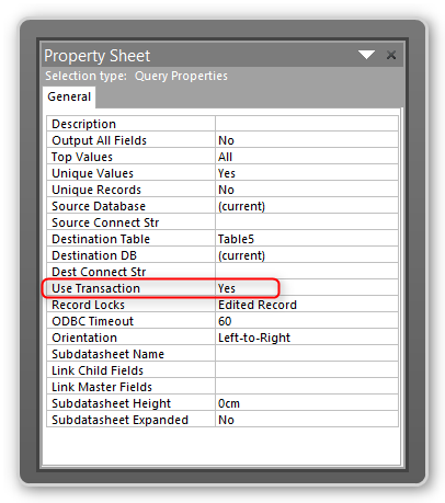 Screenshot of the Property Sheet of a query including the Use Transaction property