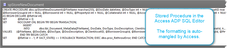 Stored procedure editor in an Access 2010 ADP