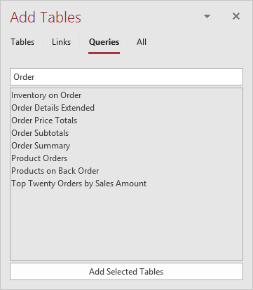 Add Tables task pane window in Access query design view