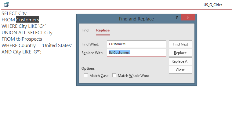 Find and Replace dialog in Access query SQL view