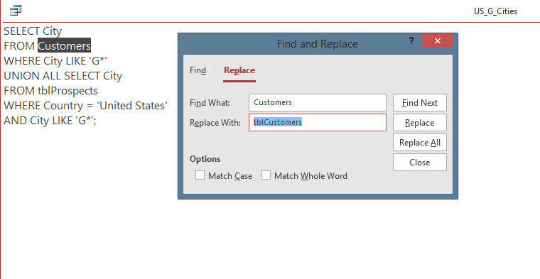 Suchen und Ersetzen Dialog in der SQL Ansicht einer Access Abfrage