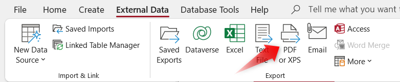 The 'PDF or XPS' Button in the External Data section of the Microsoft Access ribbon