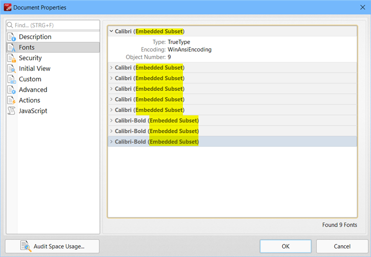 Document Properties dialog in PDF-XChange Editor showing embedded fonts