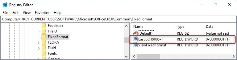 RegEdit showing the LastISO19005-1 value in the Windows Registry