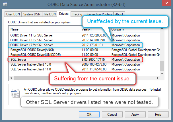 Driver list in ODBC admin dialog showing affectd ODBC driver and unaffected driver
