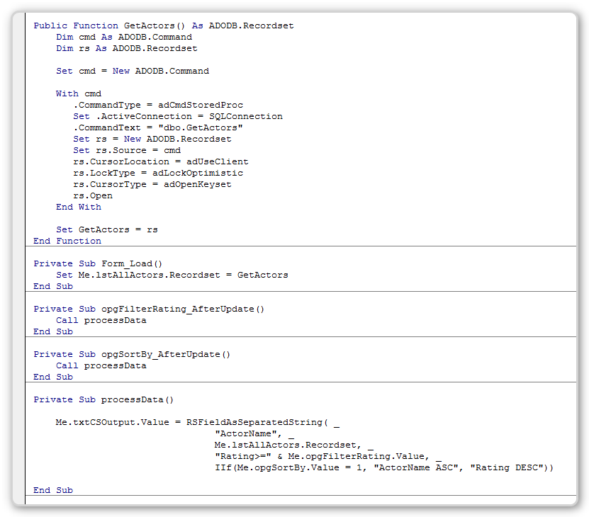 Screenshot of the VBA code behind the sample form