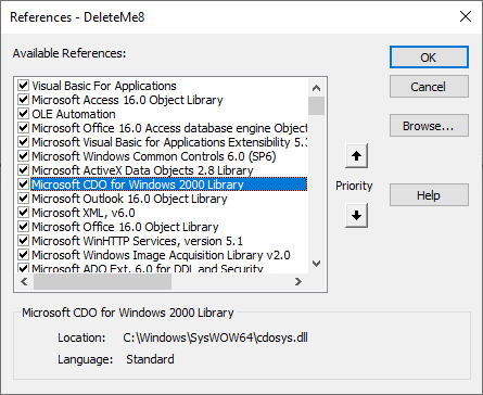 Microsoft CDO for Windows 2000 Library in VBA reference dialog