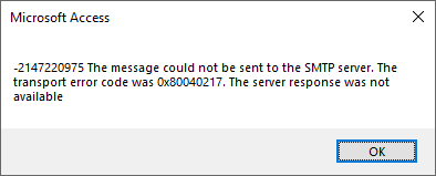 Screenshot einer CDO Anmeldefehler-Meldung: '-2147220975 The message could be sent to the SMPT server. The transport error code was 0x80040217.'