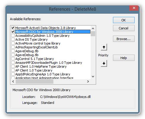 Screenshot of the VBA References dialog with CDO Library added