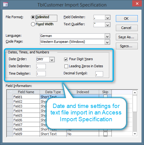 Date, Time and Number settings in an Access file import specification