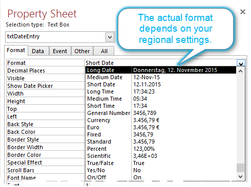 Named formats in the Access Property Sheet