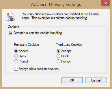 Cookie settings dialog in a web browser