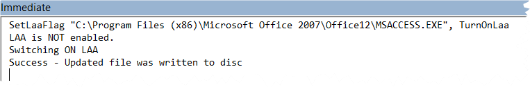 Screenshot of VBA Immediate Pane executing SetLaaFlag procedure