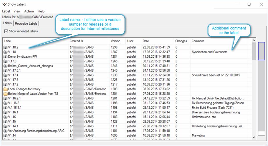 Historie der Labels eines Access Projekts in Sourcegear Vault