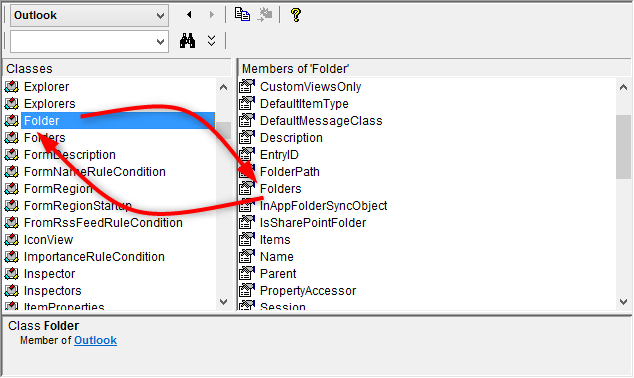 Outlook Folder to Folders relation illustrated in the VBA Object Browser window