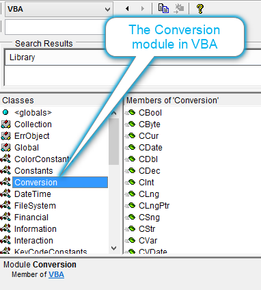 Die Liste der Datentypenkonvertierungsfunktionen in dem Conversion Module der VBA-Standardbibliothek angezeigt im Object Browser der VBA-Umgebung