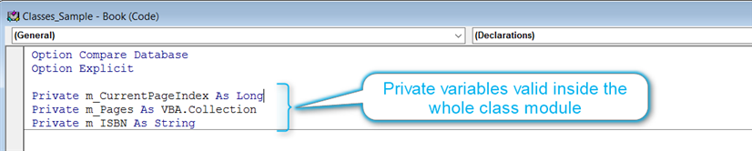 Declaration of Private variables inside a VBA Class Module