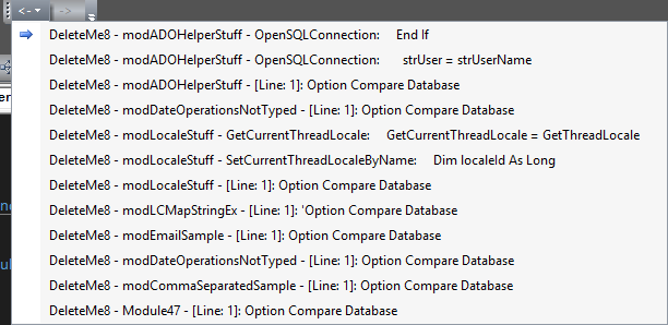 Dropdown of the VBA Navigation History