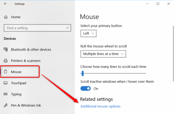 Additional Mouse Options in Windows 10 Settings